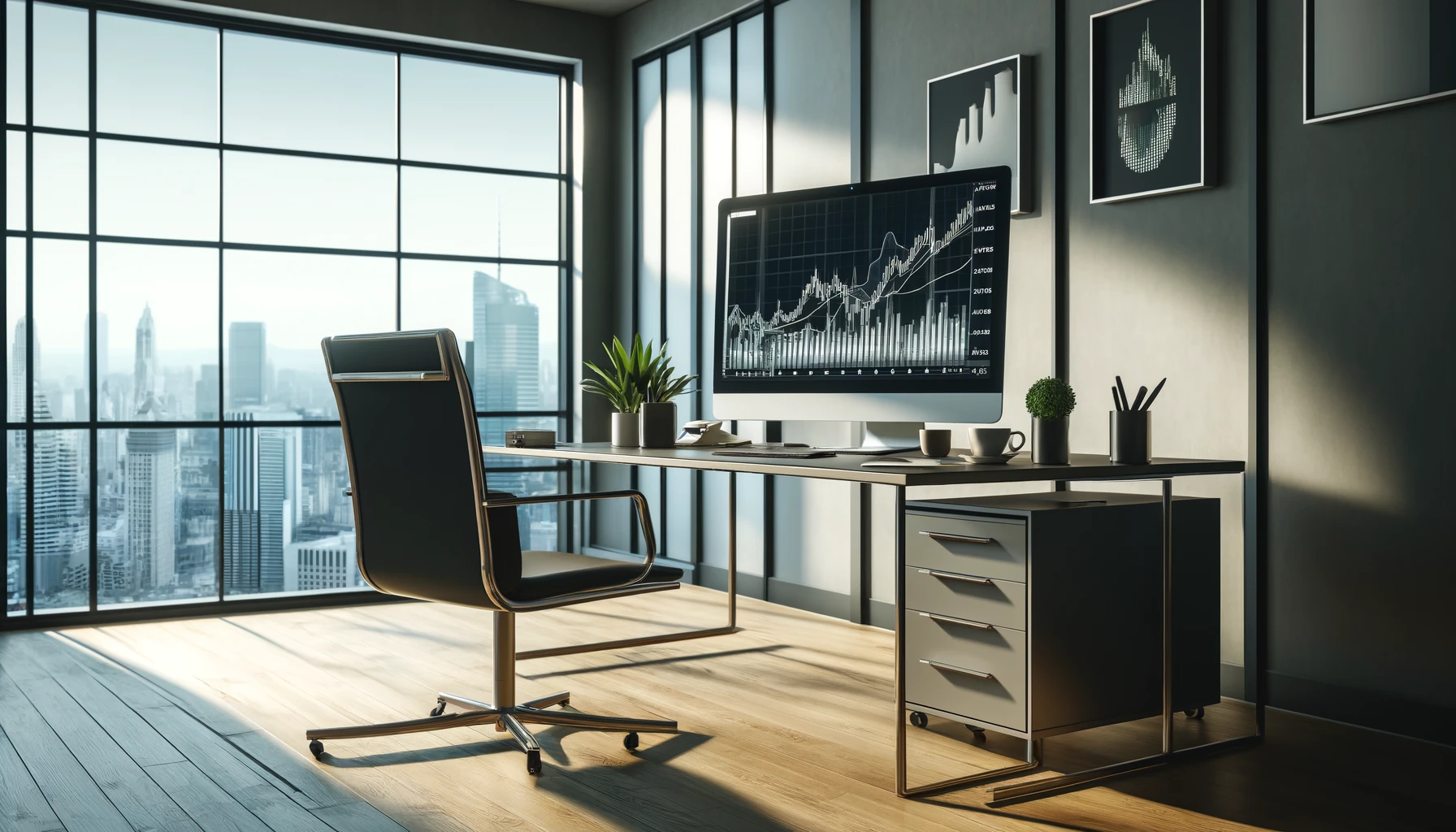 A light office with a large window, a working desk, a chair and a computer with an opened statistics on a screen.